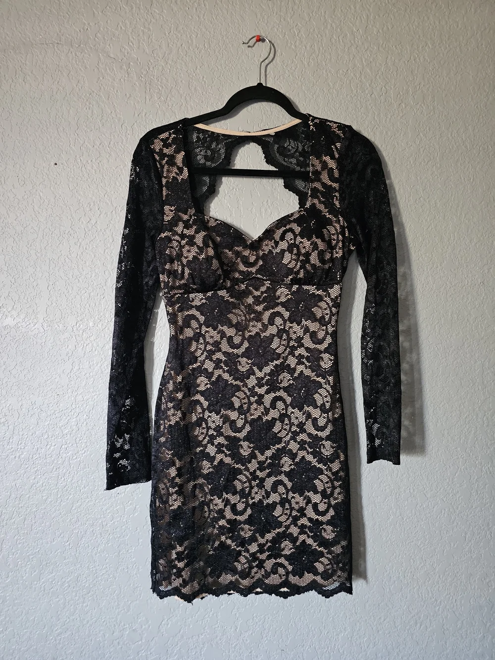 Emerald Sundae Black Lace Long Sleeve Bodycon Dress with Nude Lining